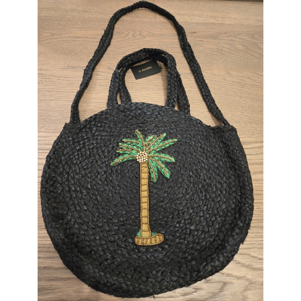 FOREVER 21 - BLACK WOVEN HANDBAG TOTE W/PALM TREE